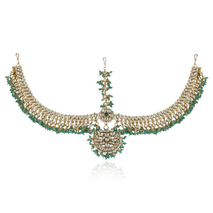 White Jadtar Stones Sea Green Mathapatti
