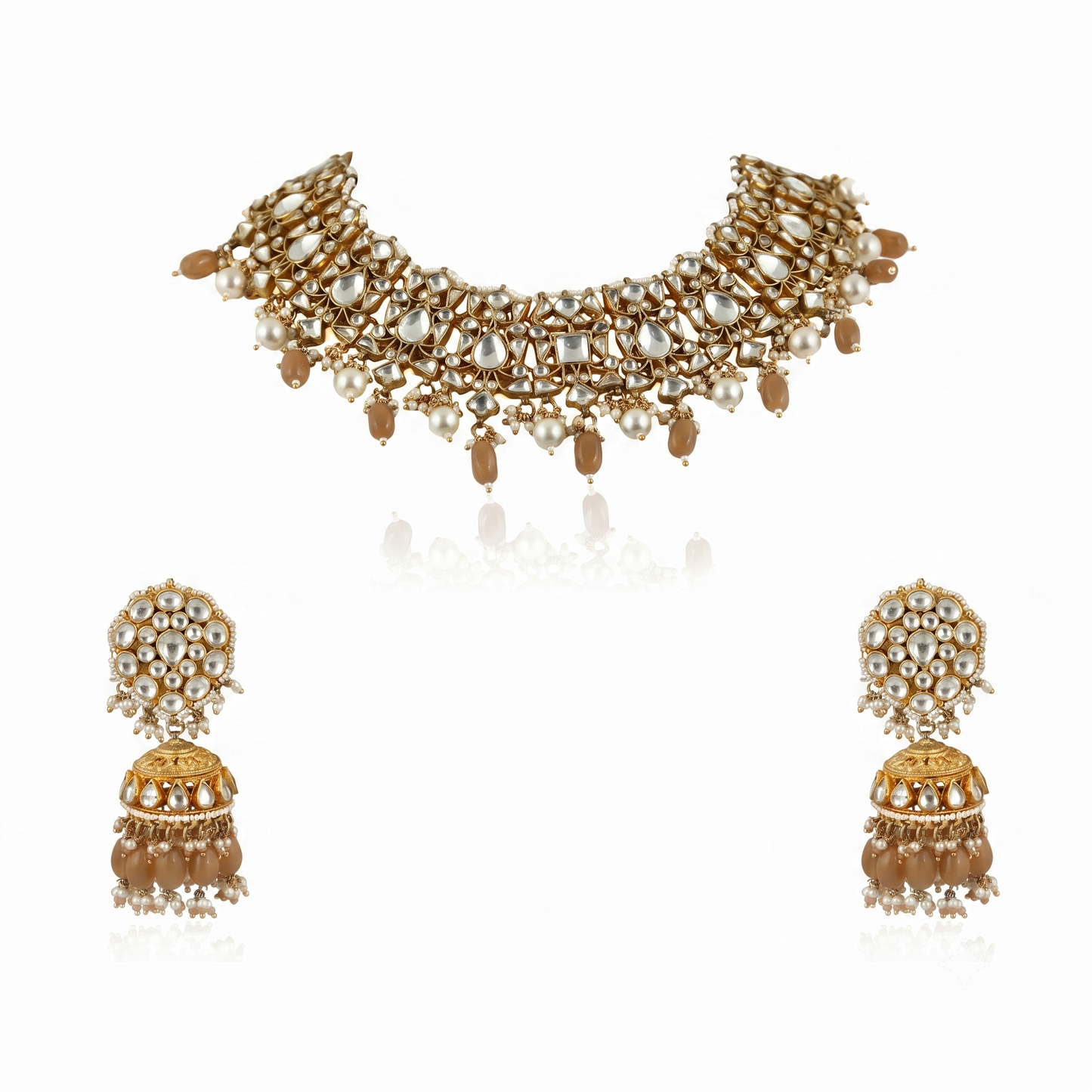 Choker Necklace Set With Pearl And Emerald Beads, Studded With White Jadtar Stones