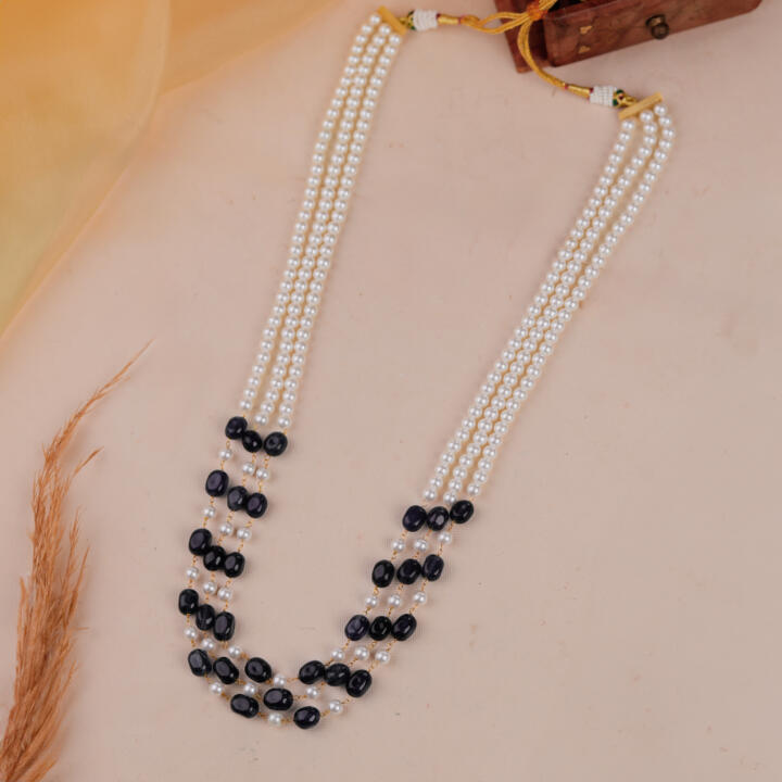 Blue and white 3 layered sapphire gemstone Beaded Maala for Men
