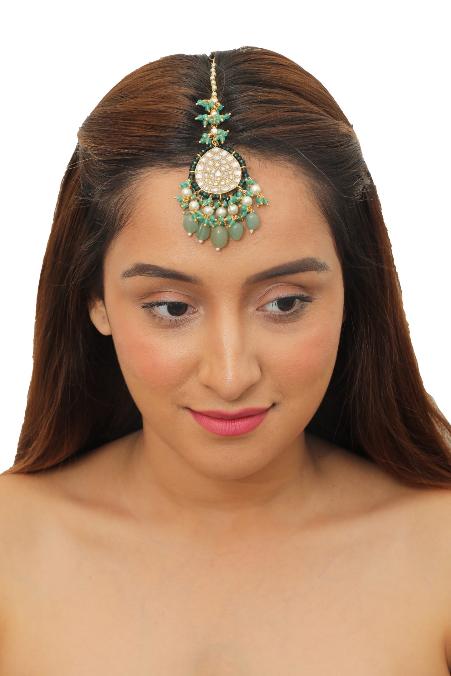 WHITE TIKKA GREEN MOTI WORK AND SEA GREEN BEADS WITH PEARL.