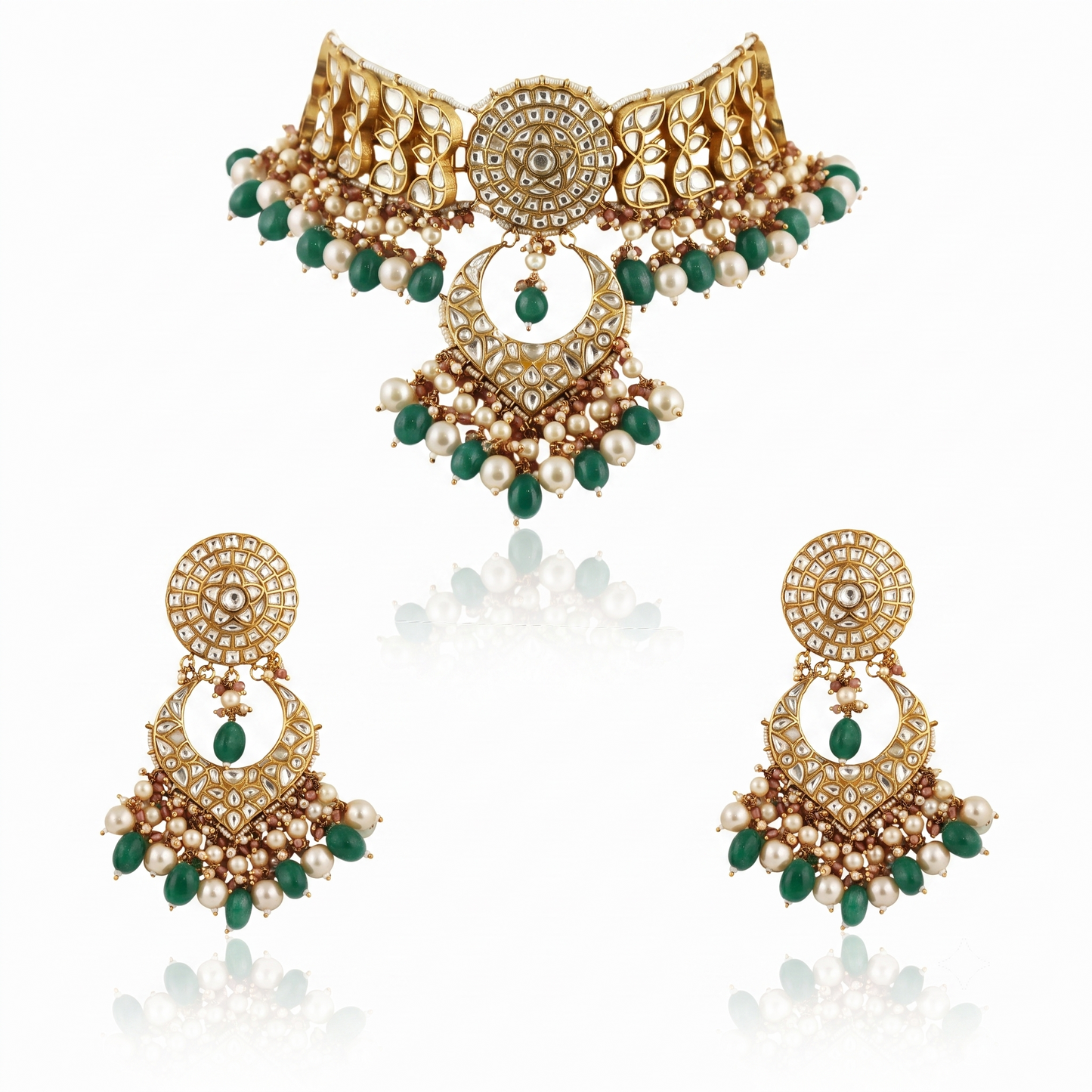 White Work With Jadtar Stone Pink Beads Necklace Set
