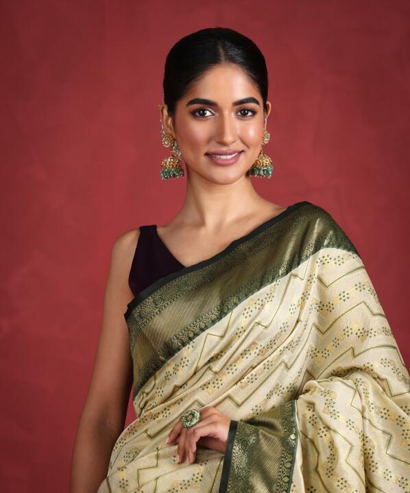 White Stone Jhumki And Sea Green Beads With White Hanging Attached Ear Chain