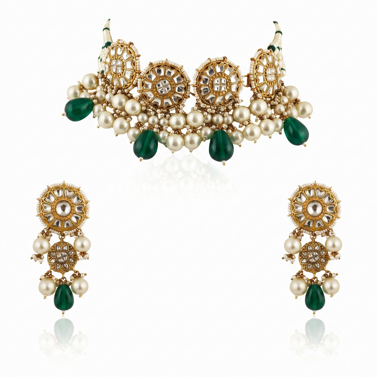 Necklace In 22Kt Gold Plating Studded With White Jadtar Stones And Beaded In Pastel Pink And White Beads