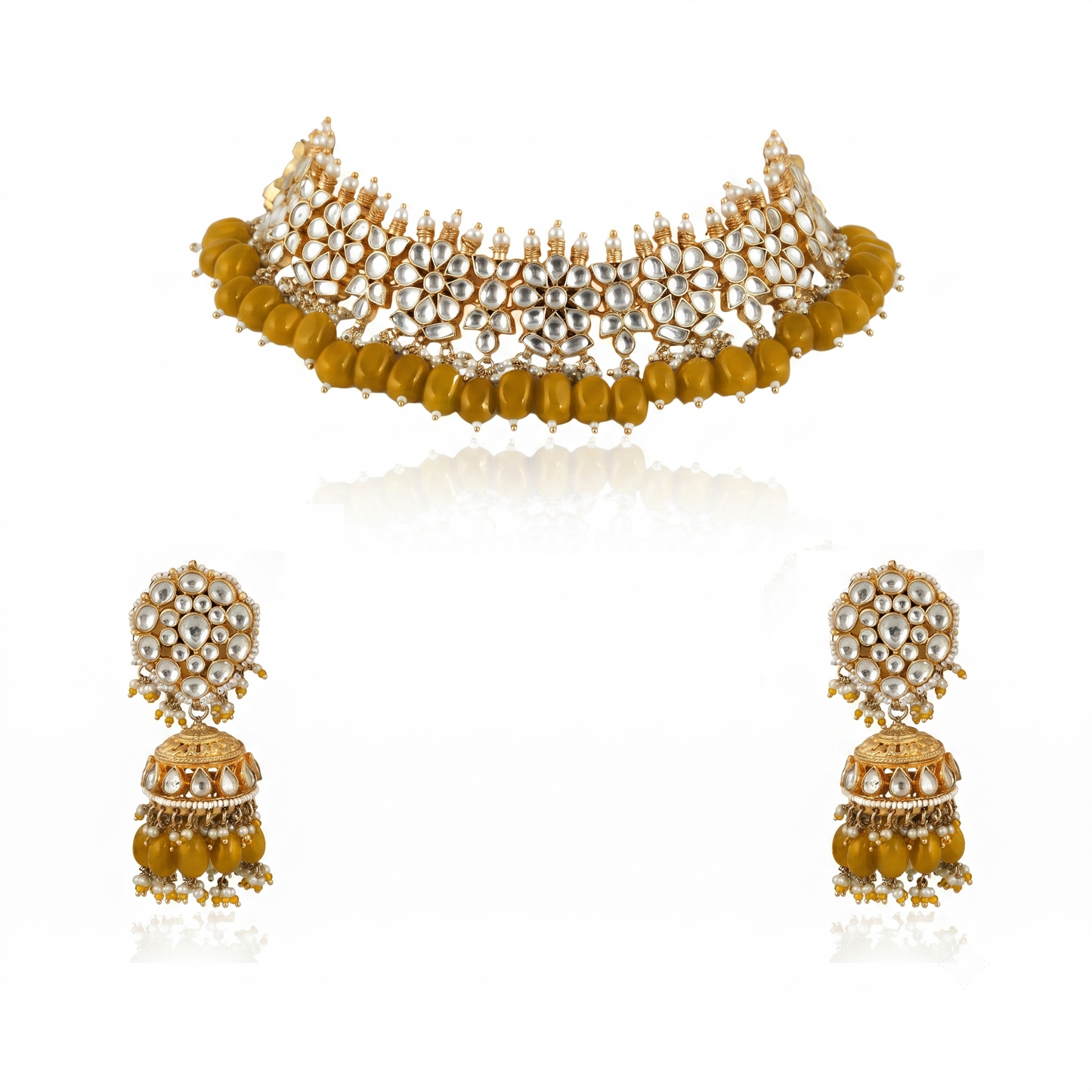 White Flower Beads White Jadtar Stone Necklace Set