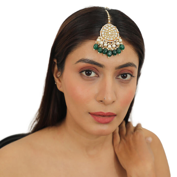White Pearl With Green Beads Maangtikka