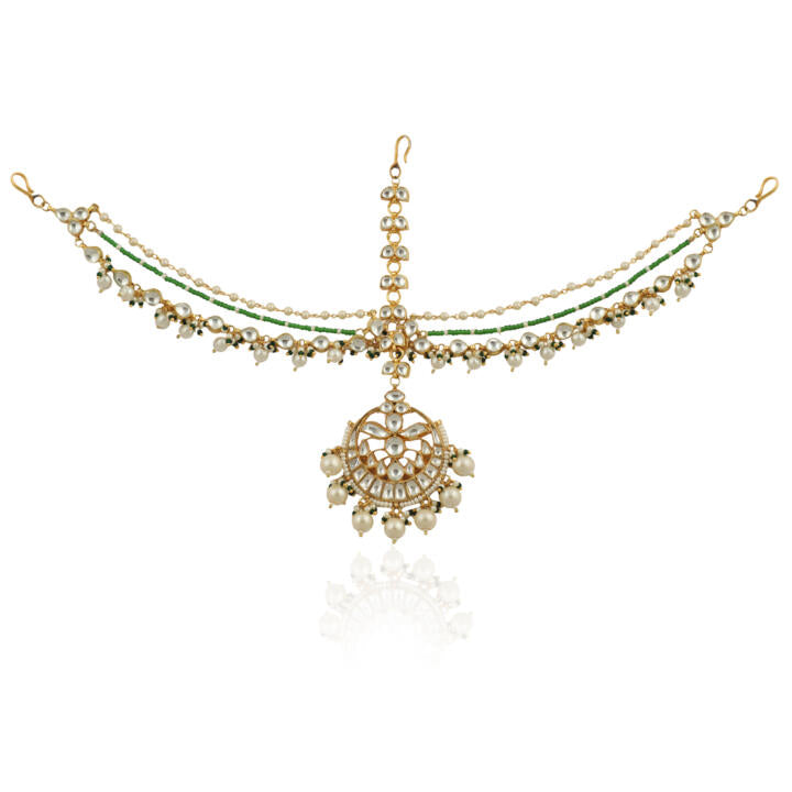 White Mathapatti With Pearl And Green Moti Line