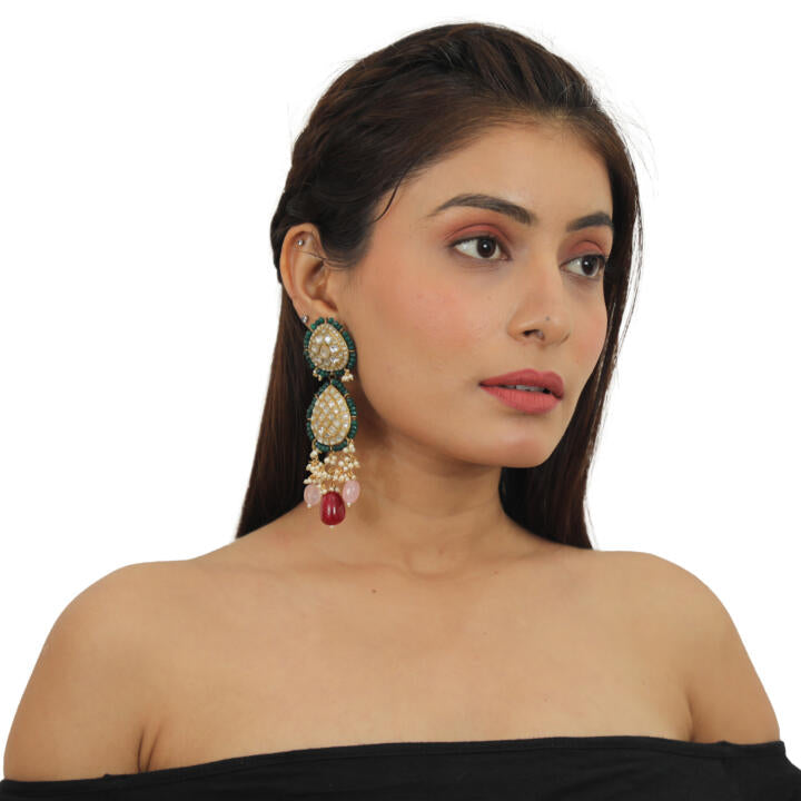 White Jadtar Stone Heavy Long Necklace Set Beadded Light Pink And Dark Pink Beads