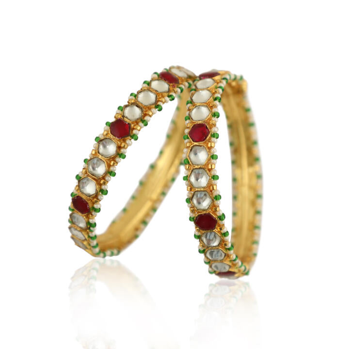 White And Pink Jadtar Stone Bangles(Pair)