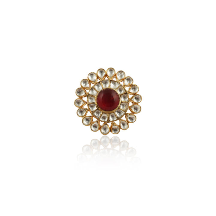 White Jadtar Ring With Pink Center