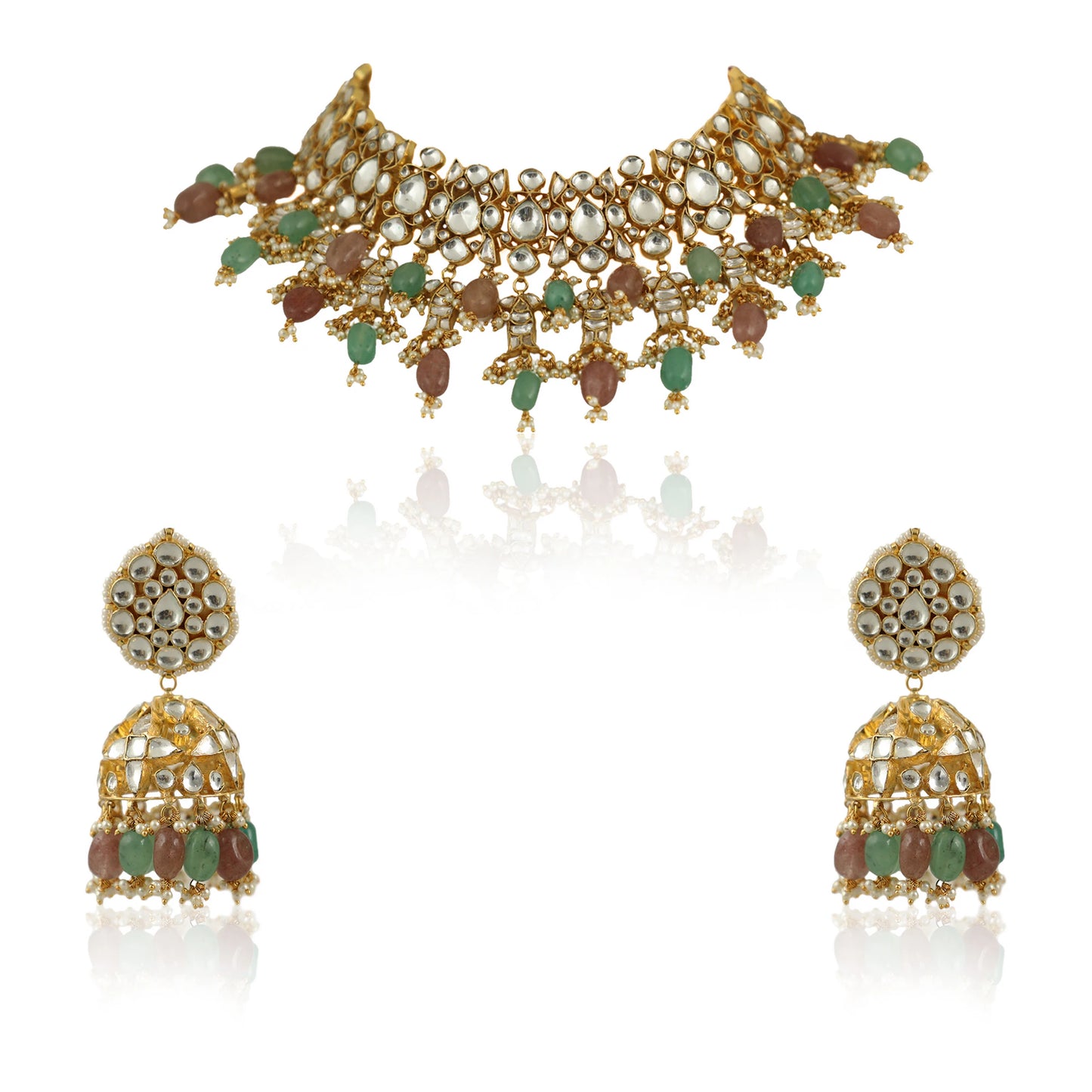 Pastel Pink And Sea Green Beads Necklace Set In 22Kt Gold Plating, With Jhumki Earings