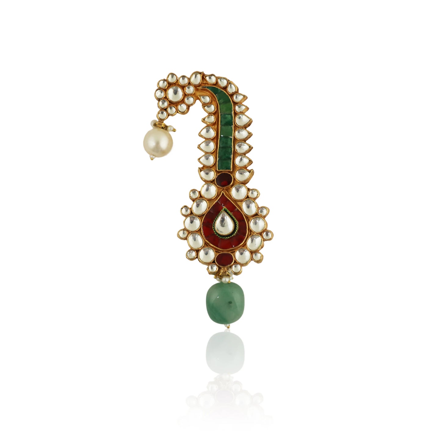Red And Green Jadtar Stones Kilangi With Sea Green Drop