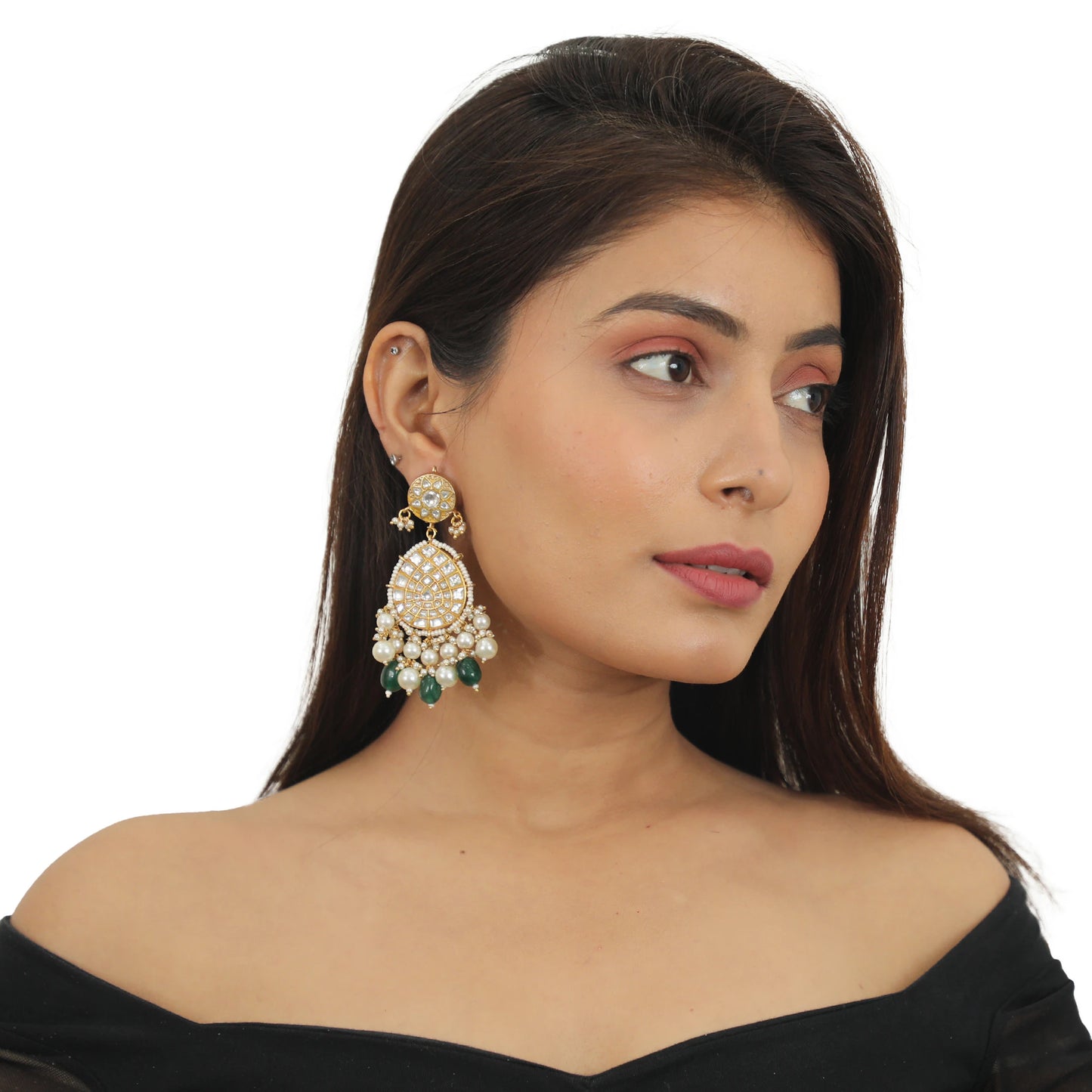 Oval Shape Jadtar Stone Earrings With Green Beads White Pearl