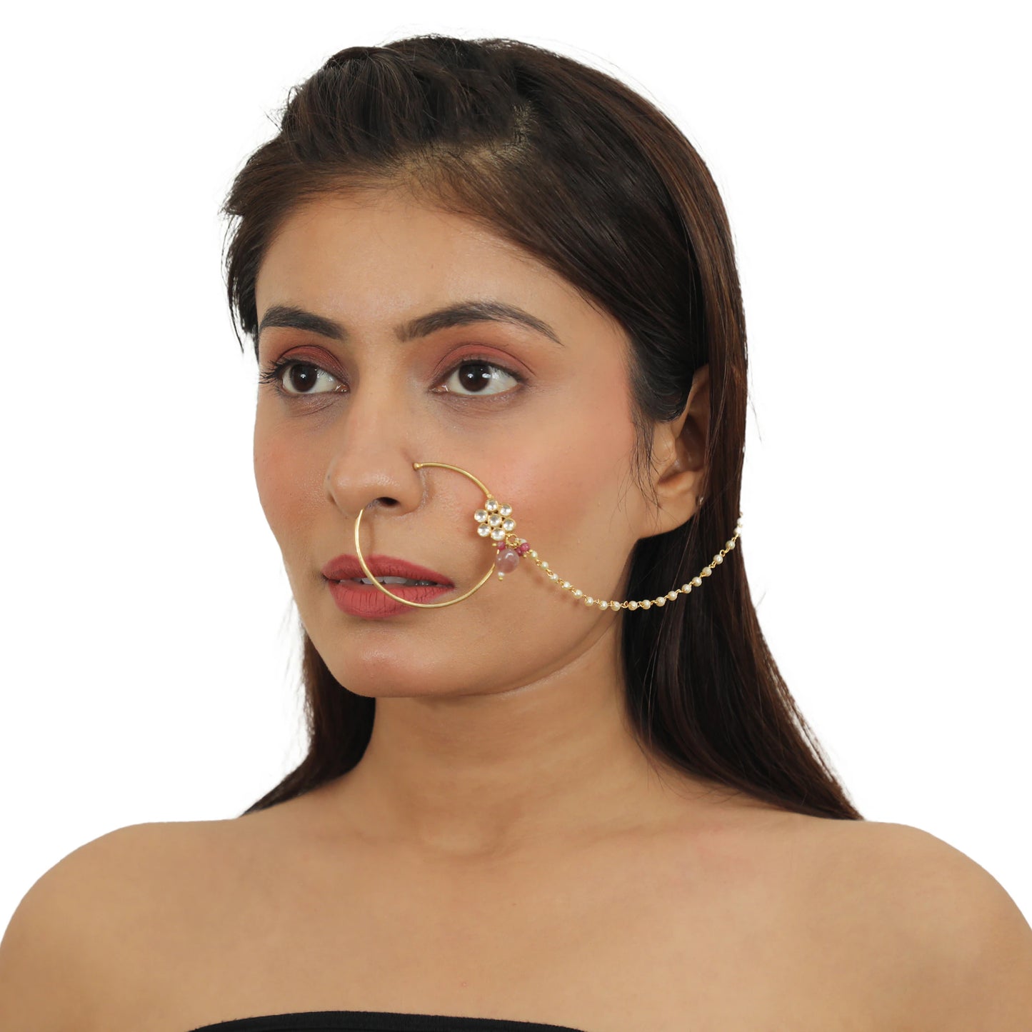 White Floral Nath With Pastel Pink Beads