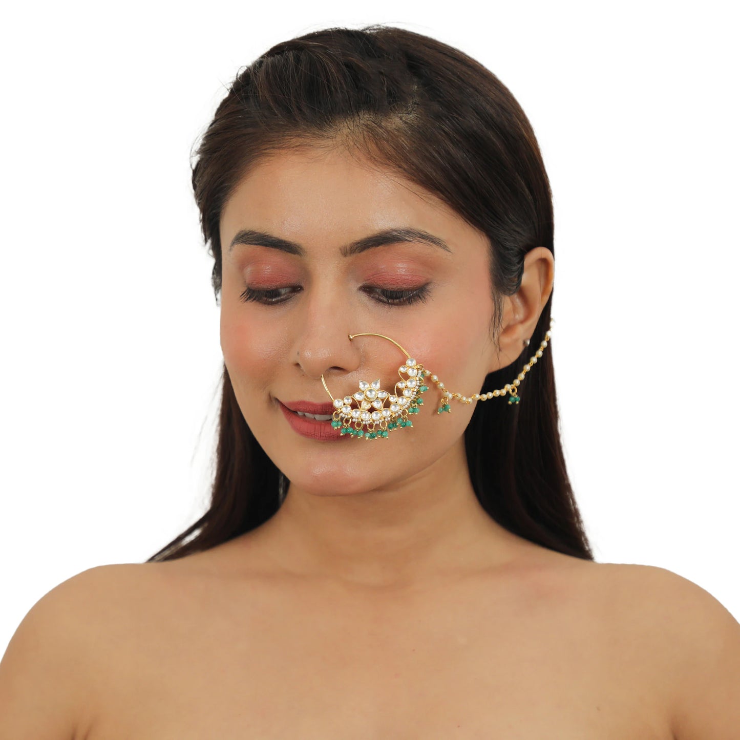 Round Jadau Nosering With Sea Green Beads