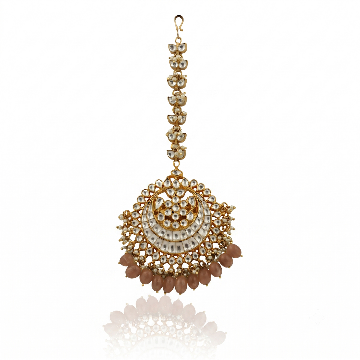 Heavy Maangtikka Studded With Jadtar Stones And Green Drops
