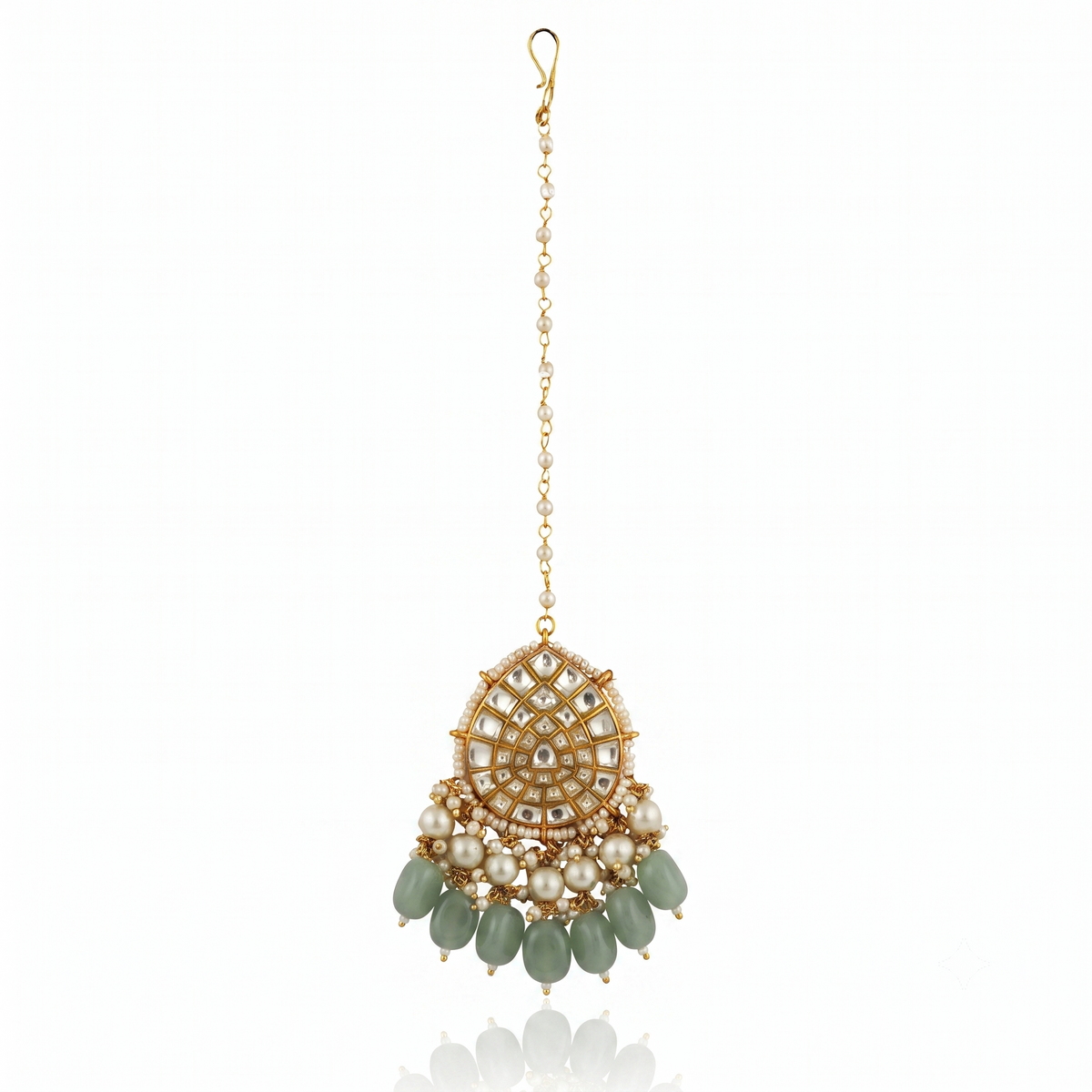 White Pearl With Green Beads Maangtikka