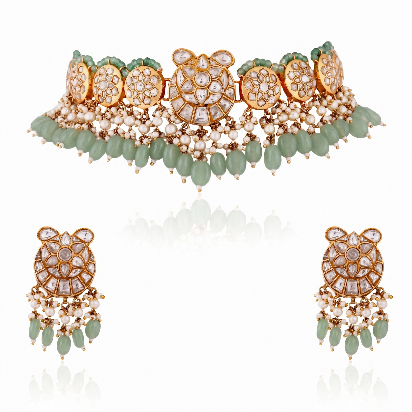 Fushion gold plated jadau necklace set with intricate design in pastel beads