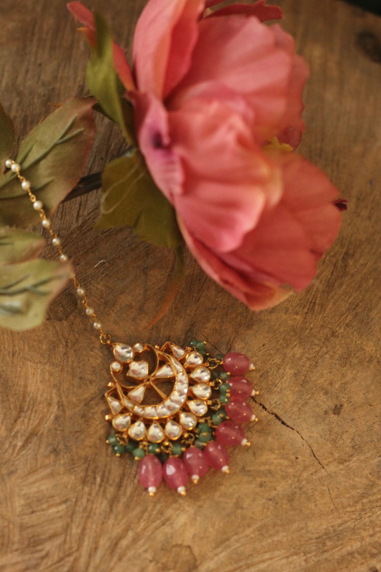 Pink beaded green hangings maang tikka