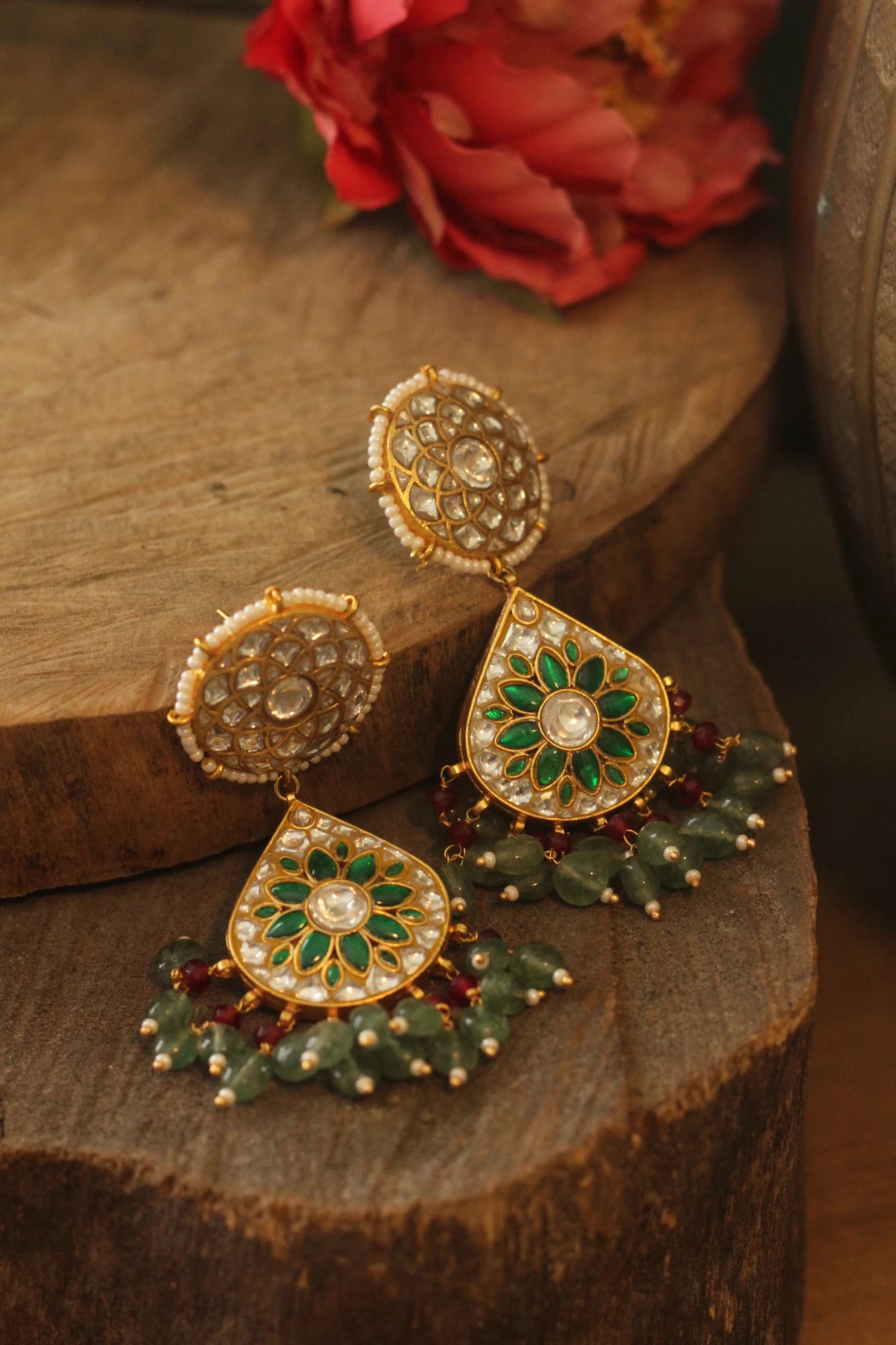 Green color gold plated jadtar earrings