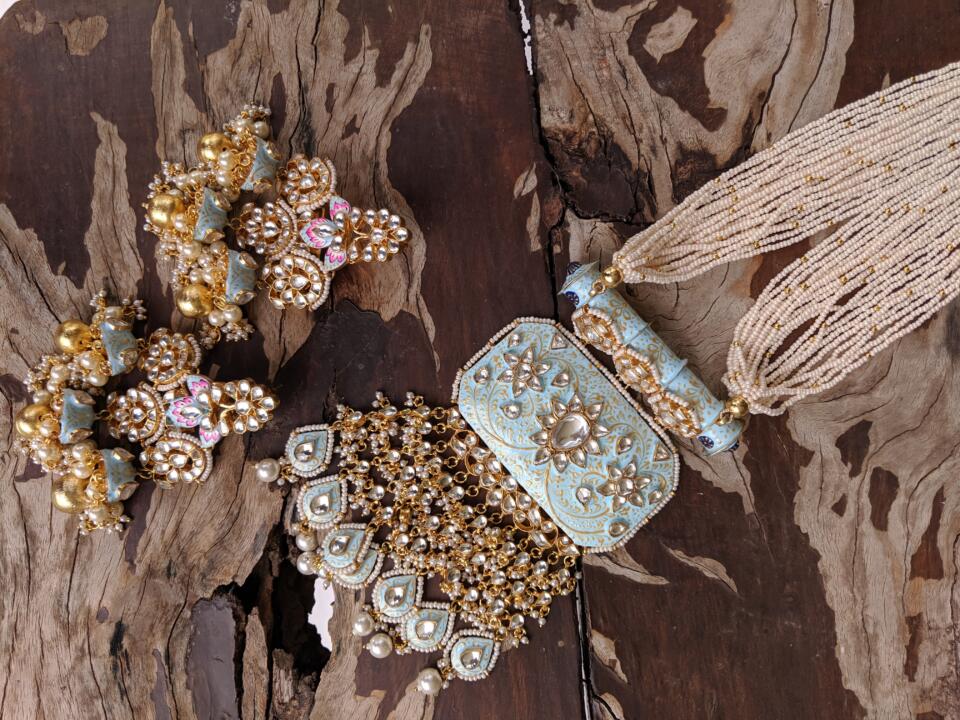 Gold Plated Pastel Blue And Pink Meena Work Pendant Set