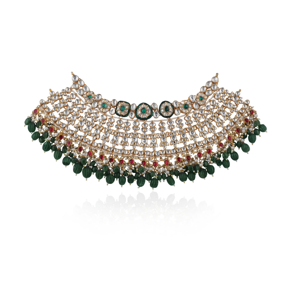 Bridal Necklace Set With Emerald Green And Ruby Pink Stones Embedded With White Jadtar Stones