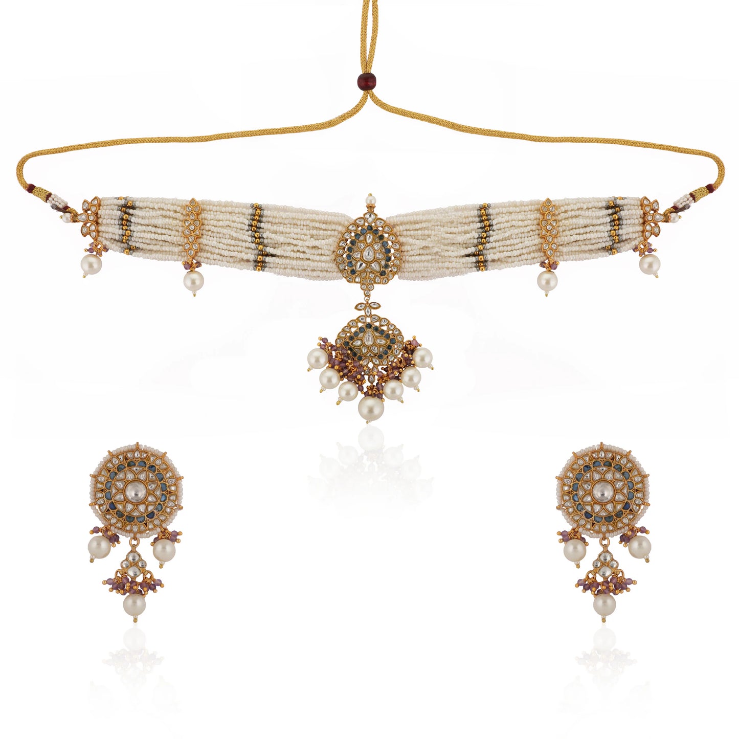 White Jadtar Choker Set With White Pearl And Blue Hangings