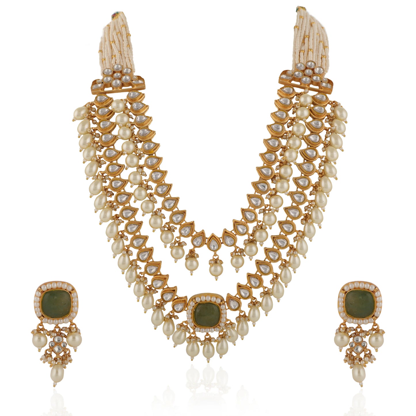 Indian Handcrafted Jadtar White & Mint Green Bridal Special Double Layered Necklace Set With Pastel Pink Beads And White Pearl