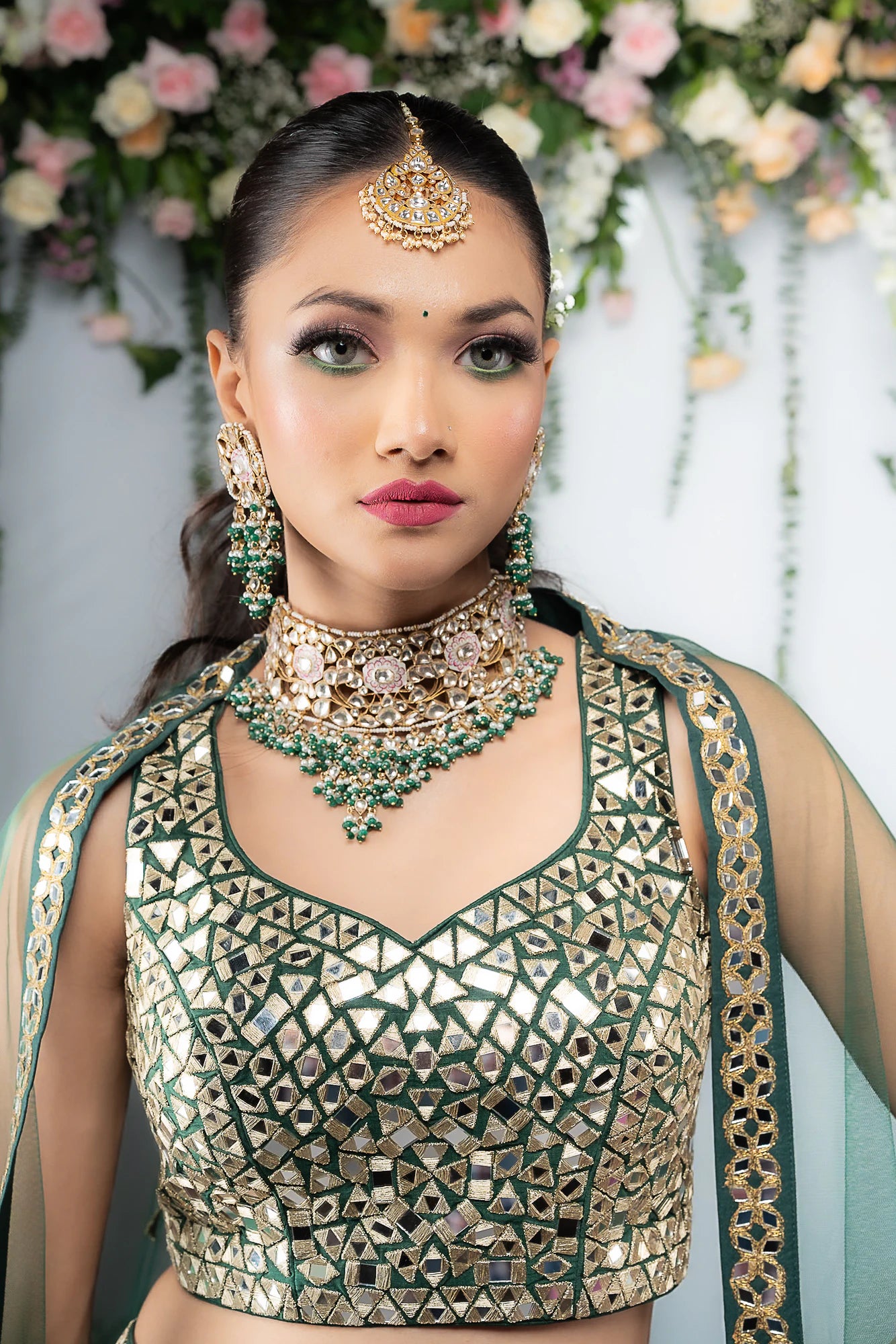 Pink Meenakari Necklace With Green Hangings Wedding Wear Necklace Set