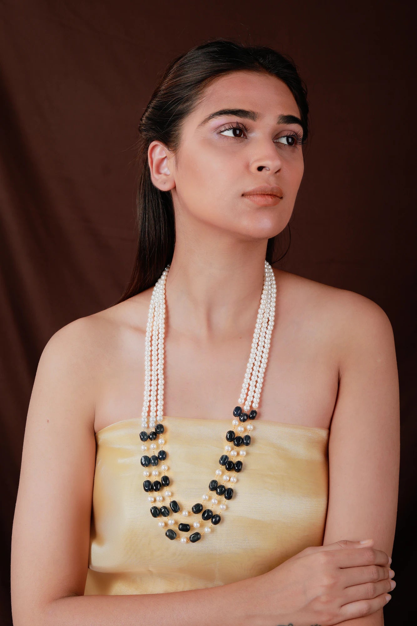 Blue and white 3 layered sapphire gemstone Beaded Necklace Maala