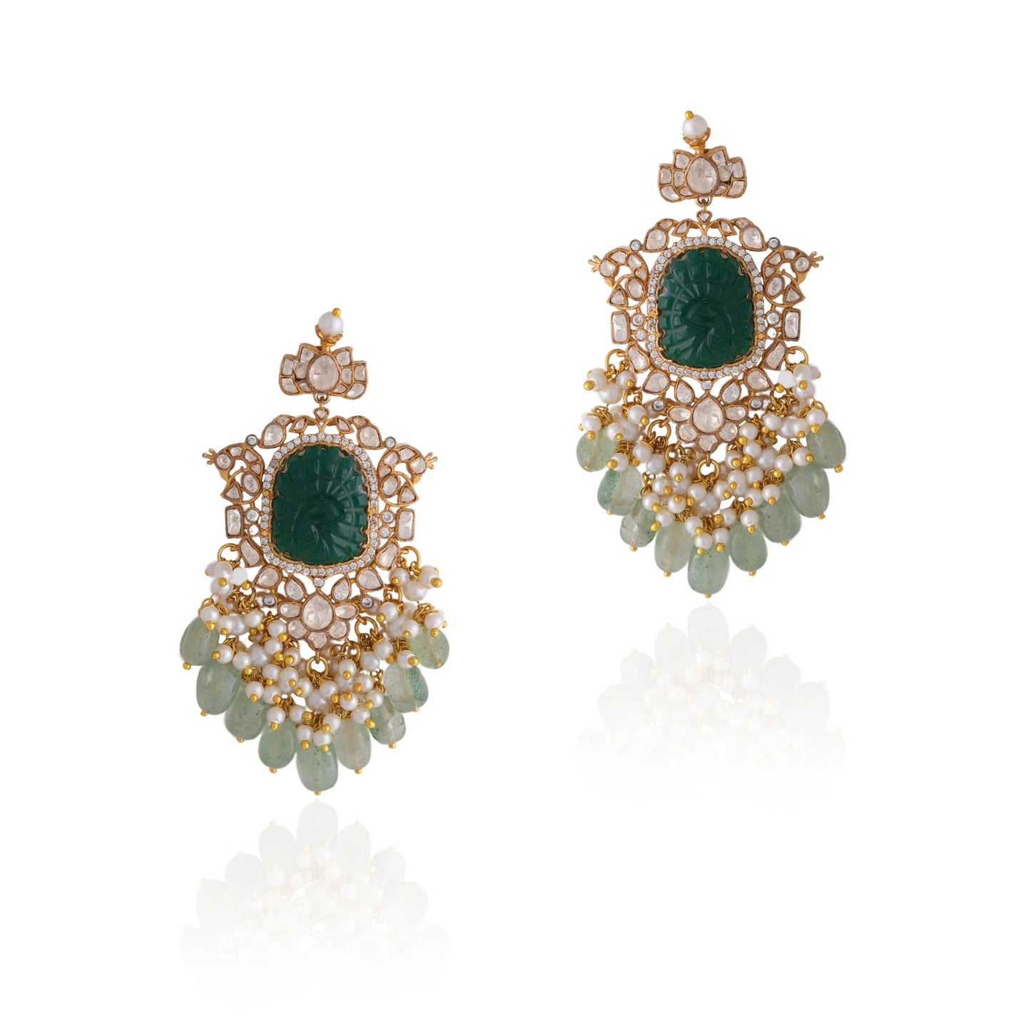 traditional jadau maala with uniquely carved emerald stone in mozanite stones and pearl strings
