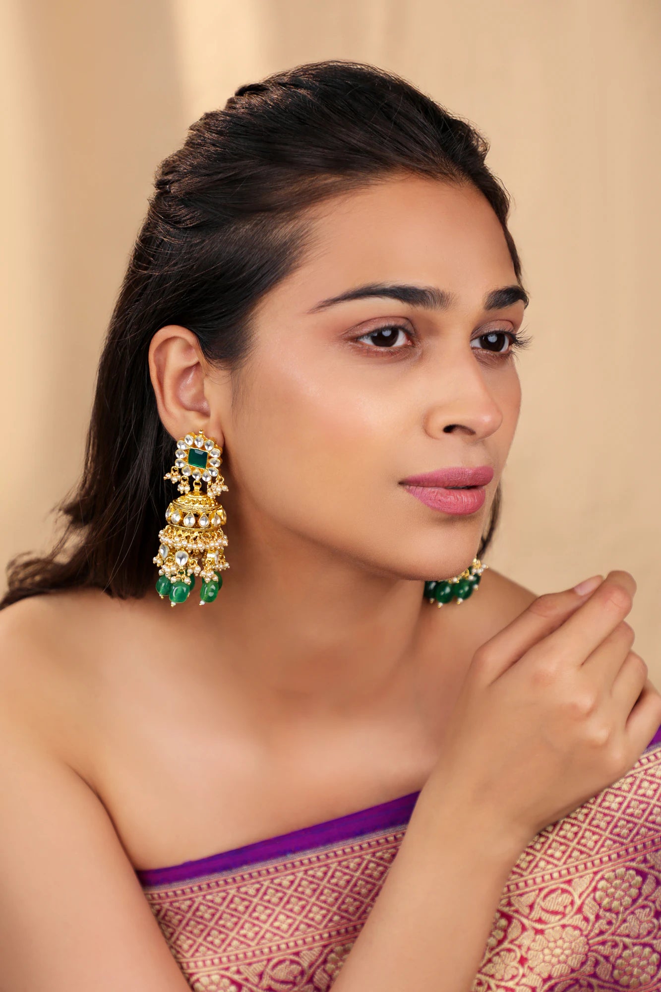 White jadtar stone Bridal necklace set with emerald drops