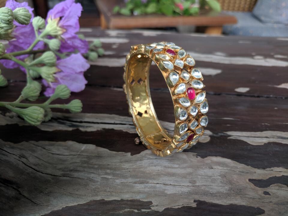Gold Finish White And Pink Jadtar Stone Double Line Kadda