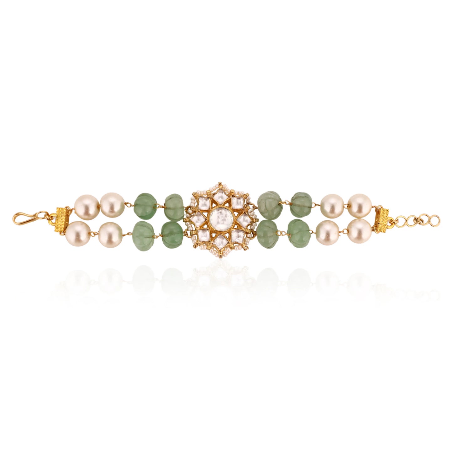 22Kt Gold Plated Jadtar Stone With Sea Green Beads And Pearl Bracelet