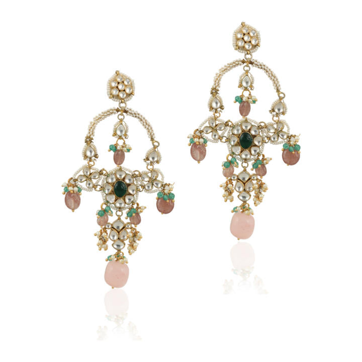 Chand Baali Shaped Earrings With Moti Work And Pestale Pink Beads
