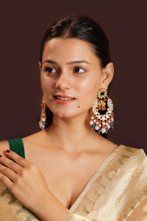 blue beads with white pearl long Earrings