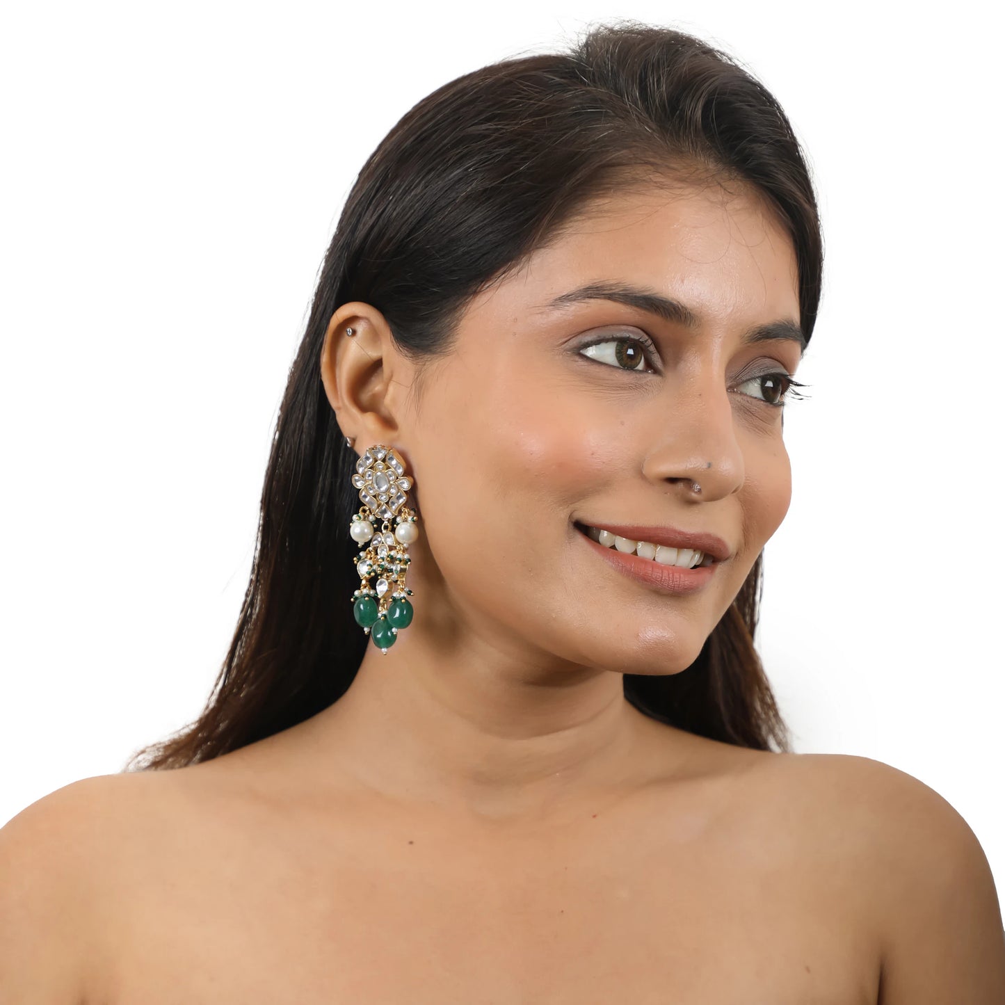 Delicately Designed Earings With Emerald Green And Pearl Drops
