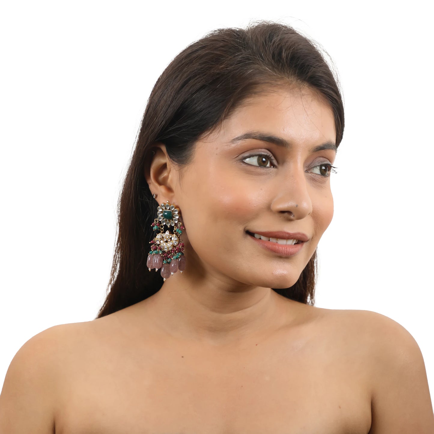 Uniquely Designed Earings In Pink And Green Beads