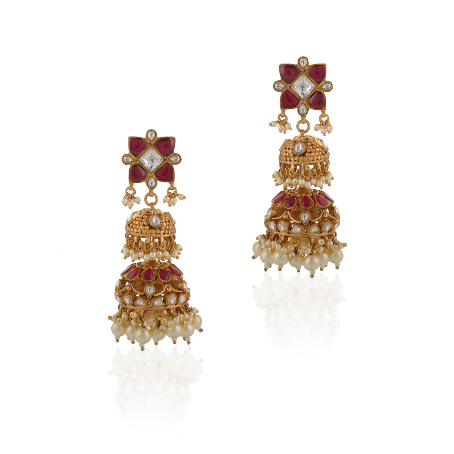 Pink Jadtar Stone With White Pearl Jhumki