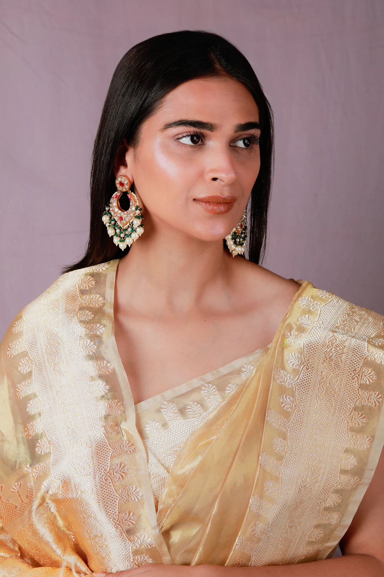 Multicolor gold plated jadau Earrings with white pearl