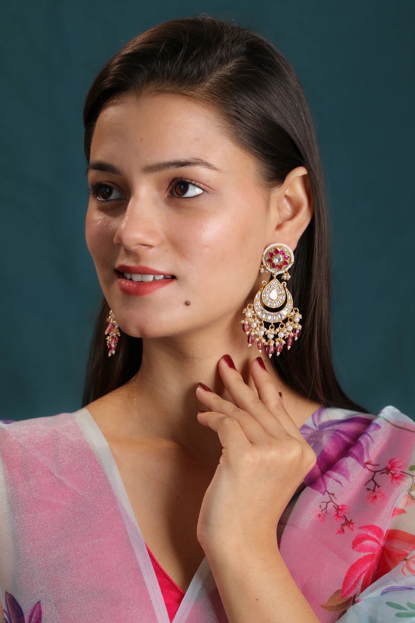Gold plated kundan stone chandbali Earrings with pink beaded