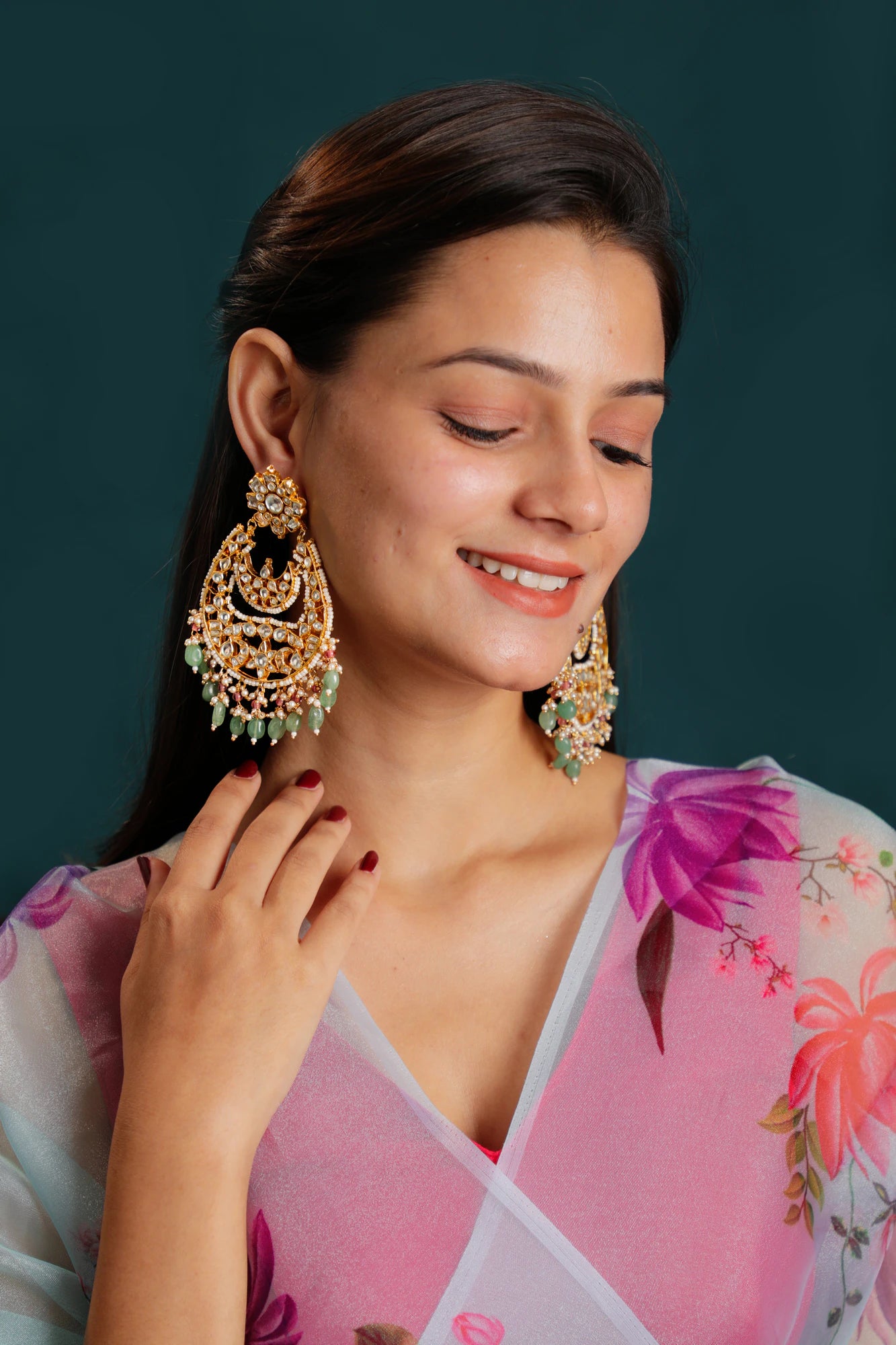 Indian traditional wear white jadtar stone chandbaali