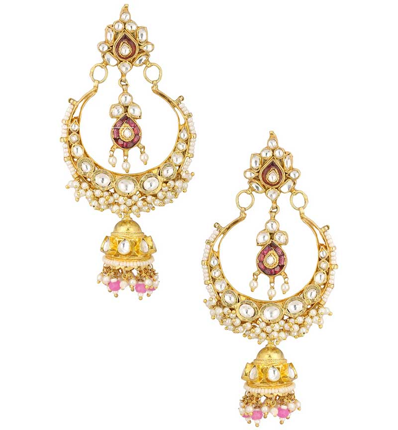 Whilte & Pink Jadtar Studded Chandbalis