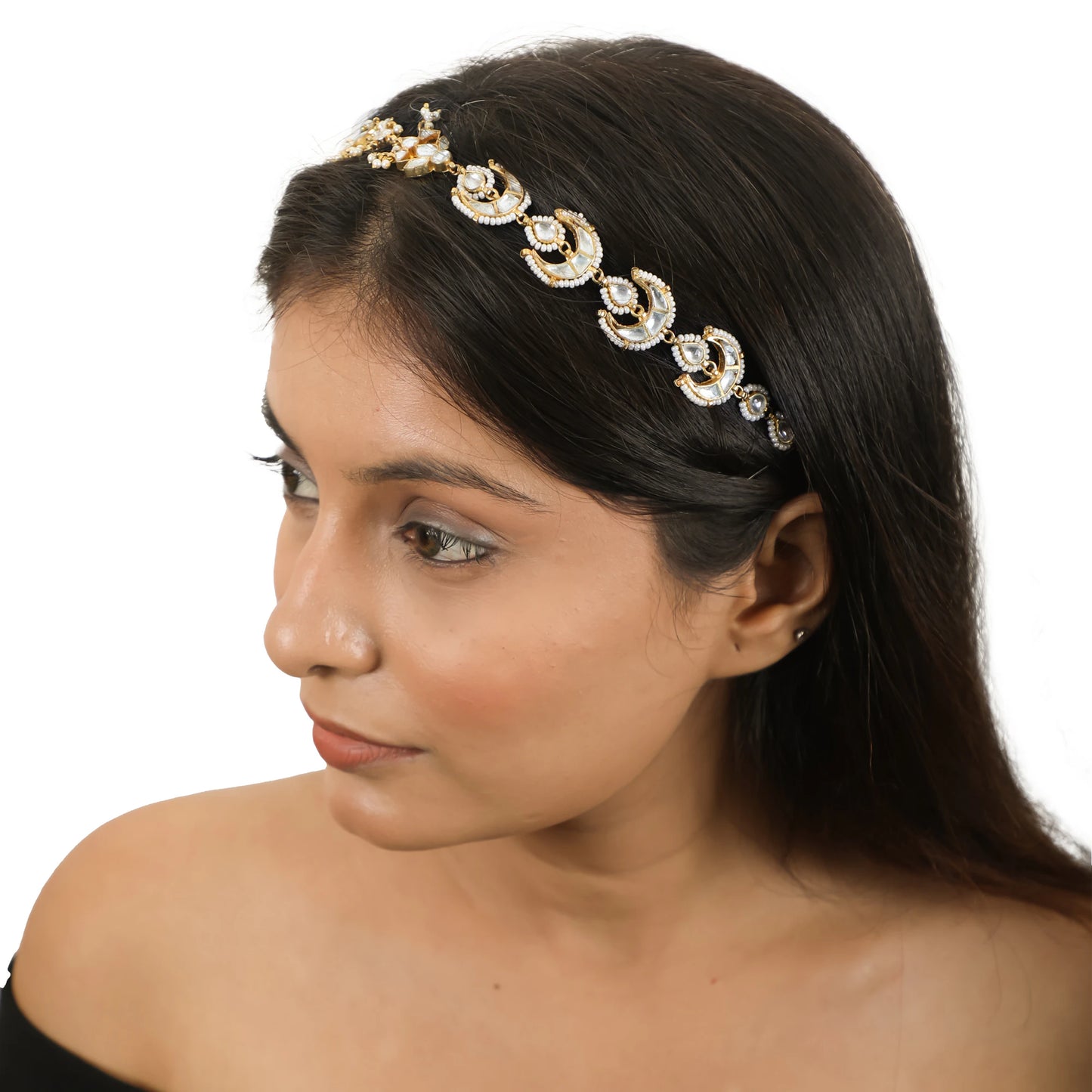 Chandshape Mathapatti Hairband Studded With White Jadtar Stones