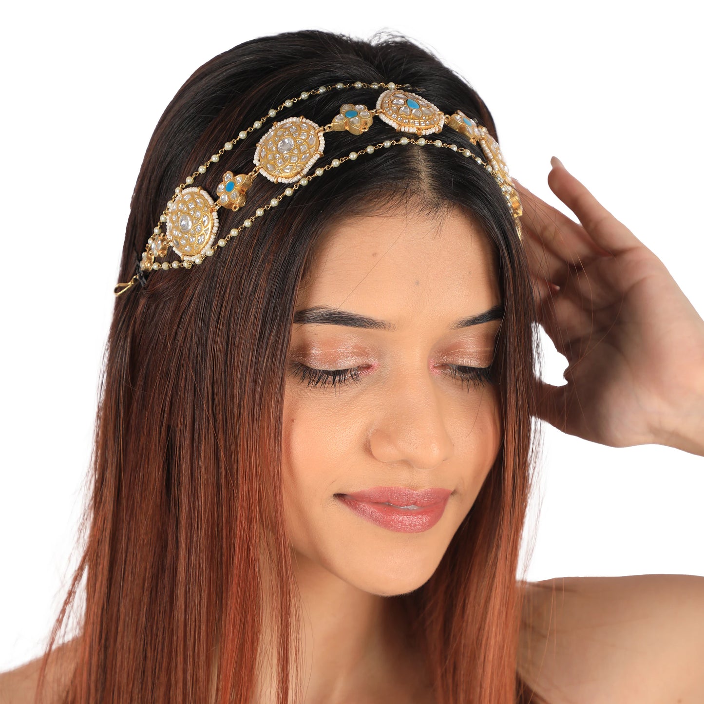 Firozi & White Jadtar Stone Hairband For Women