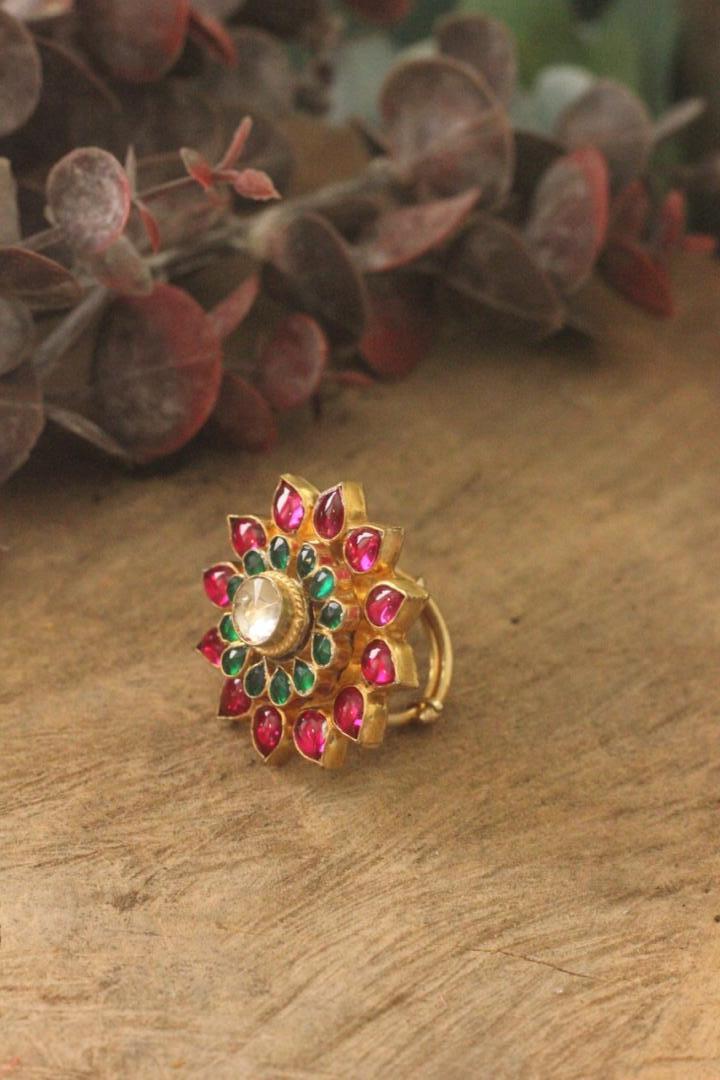 Red, Green & White Jadtar Ring With Gold Coating