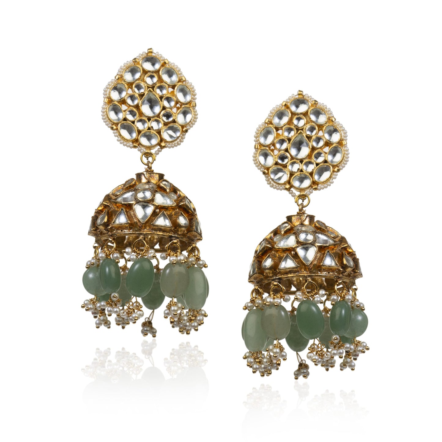 SEA GREEN WHITE JADTAR STONE FISH NECKLACE SET WITH JHUMKI