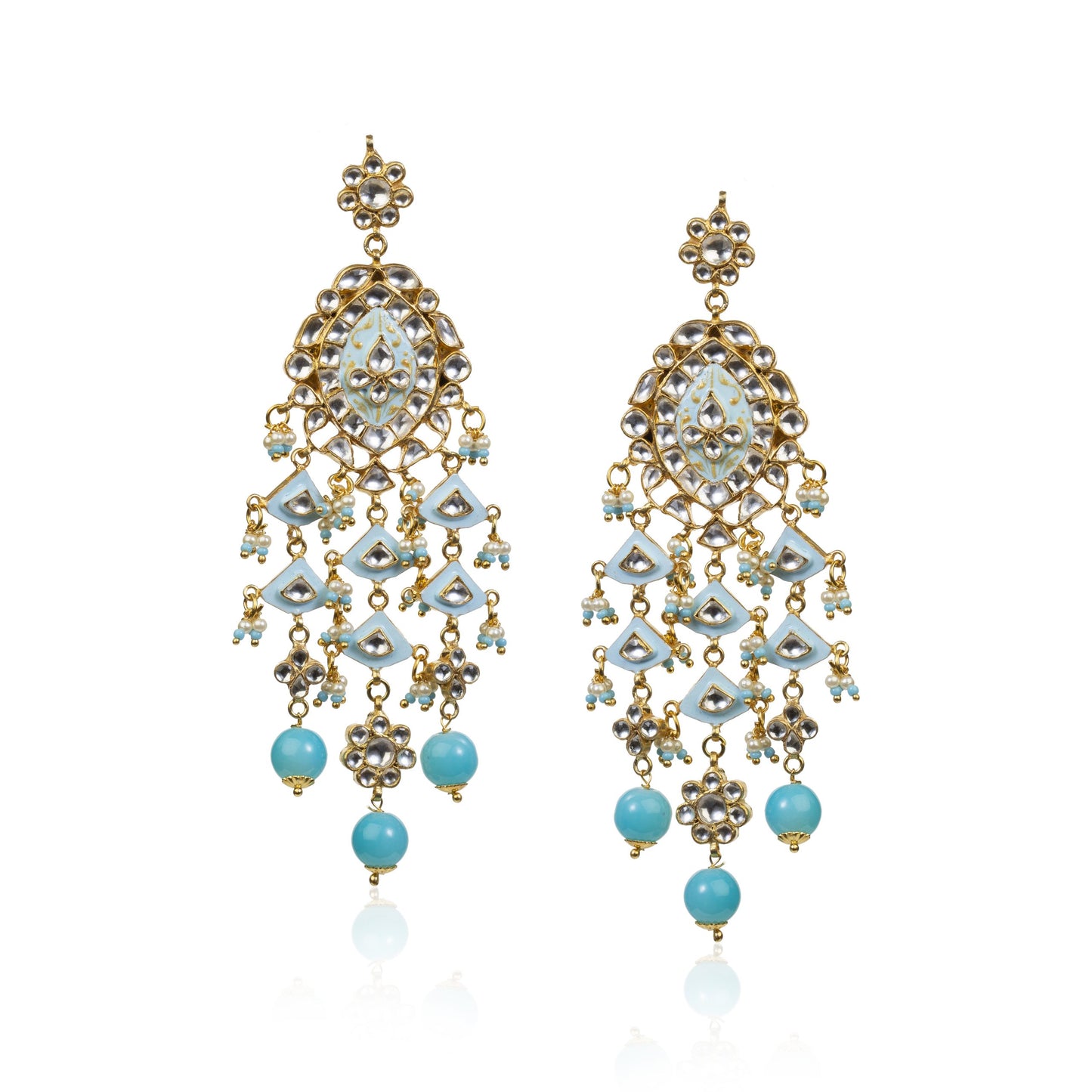 Gold Plated Pearls and firozi Blue Meena Pendant Necklace Set