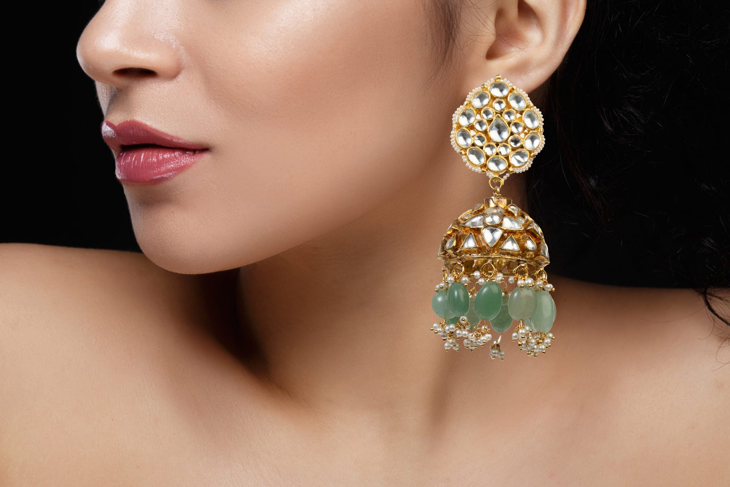 WHITE STONR JHUMKI WITH SEA GREEN BEADS