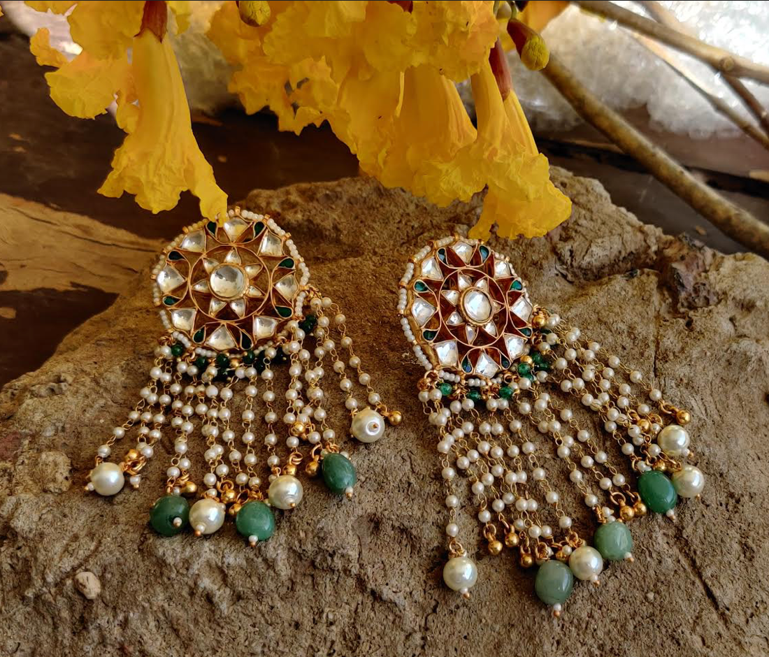 stud earrings in sea green and gold