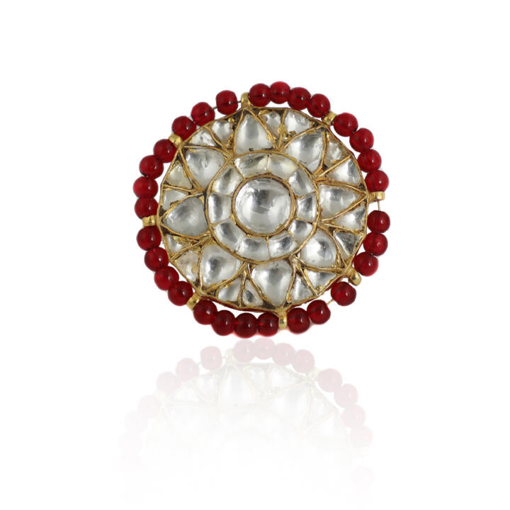 Red Moti Work White Jadtar Stone Ring